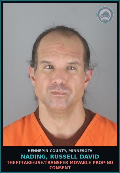 CCW arrest card for NADING, RUSSELL DAVID in Hennepin County: THEFT-TAKE/USE/TRANSFER MOVABLE PROP-NO CONSENT