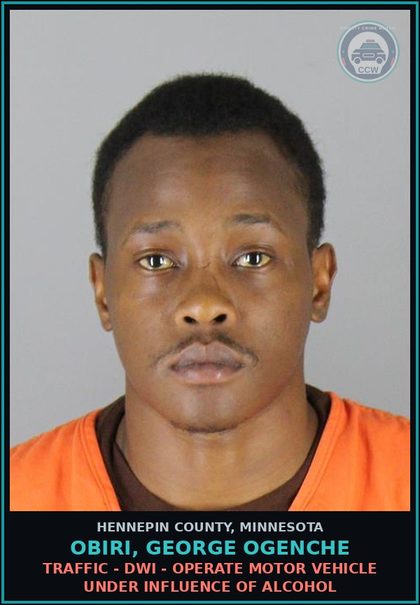 CCW arrest card for OBIRI, GEORGE OGENCHE in Hennepin County: TRAFFIC - DWI - OPERATE MOTOR VEHICLE UNDER INFLUENCE OF ALCOHOL