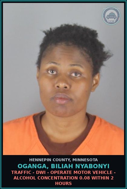 CCW arrest card for OGANGA, BILIAH NYABONYI in Hennepin County: TRAFFIC - DWI - OPERATE MOTOR VEHICLE - ALCOHOL CONCENTRATION 0.08 WITHIN 2 HOURS