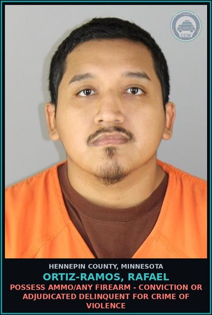 CCW arrest card for ORTIZ-RAMOS, RAFAEL in Hennepin County: POSSESS AMMO/ANY FIREARM - CONVICTION OR ADJUDICATED DELINQUENT FOR CRIME OF VIOLENCE