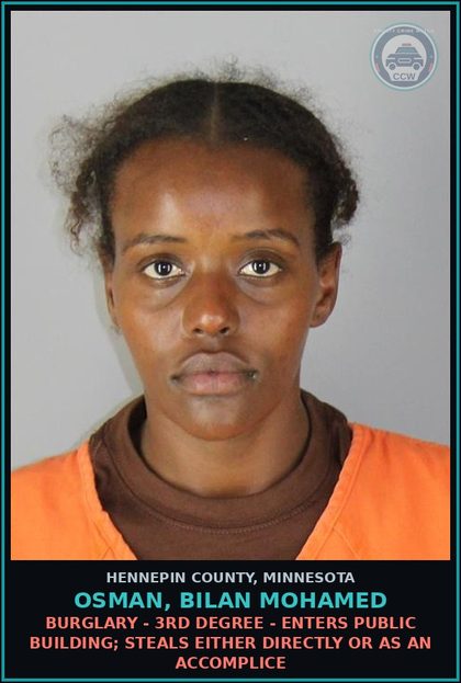 CCW arrest card for OSMAN, BILAN MOHAMED in Hennepin County: BURGLARY - 3RD DEGREE - ENTERS PUBLIC BUILDING; STEALS EITHER DIRECTLY OR AS AN ACCOMPLICE