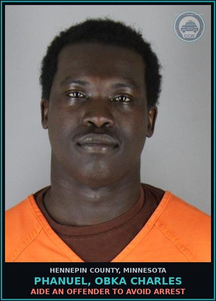 CCW arrest card for PHANUEL, OBKA CHARLES in Hennepin County: AIDE AN OFFENDER TO AVOID ARREST