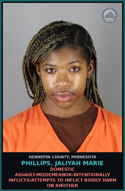 CCW arrest card for PHILLIPS, JALIYAH MARIE in Hennepin County: DOMESTIC ASSAULT-MISDEMEANOR-INTENTIONALLY INFLICTS/ATTEMPTS TO INFLICT BODILY HARM ON ANOTHER