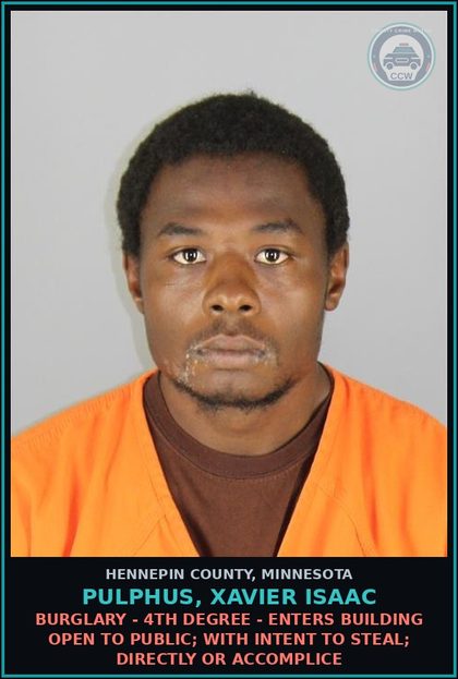 CCW arrest card for PULPHUS, XAVIER ISAAC in Hennepin County: BURGLARY - 4TH DEGREE - ENTERS BUILDING OPEN TO PUBLIC; WITH INTENT TO STEAL; DIRECTLY OR ACCOMPLICE