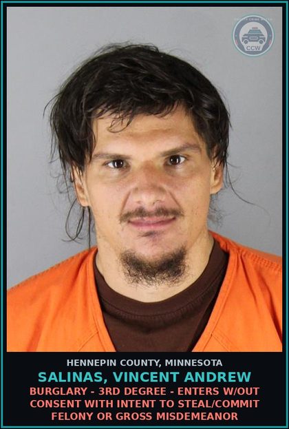 CCW arrest card for SALINAS, VINCENT ANDREW in Hennepin County: BURGLARY - 3RD DEGREE - ENTERS W/OUT CONSENT WITH INTENT TO STEAL/COMMIT FELONY OR GROSS MISDEMEANOR