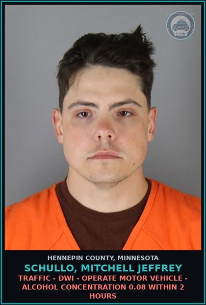 CCW arrest card for SCHULLO, MITCHELL JEFFREY in Hennepin County: TRAFFIC - DWI - OPERATE MOTOR VEHICLE - ALCOHOL CONCENTRATION 0.08 WITHIN 2 HOURS