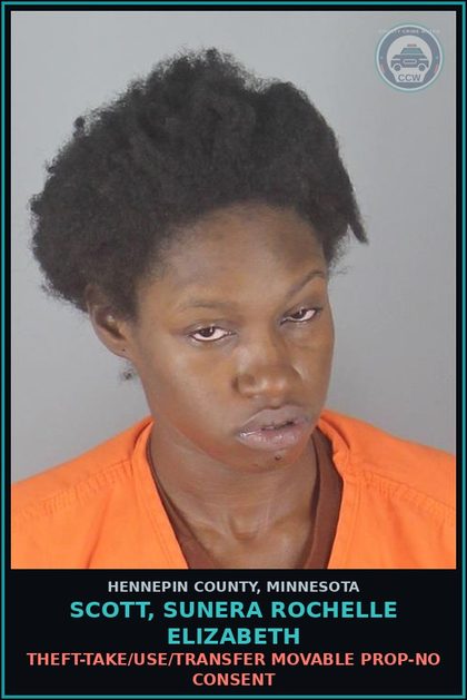 CCW arrest card for SCOTT, SUNERA ROCHELLE ELIZABETH in Hennepin County: THEFT-TAKE/USE/TRANSFER MOVABLE PROP-NO CONSENT