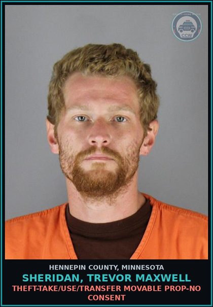 CCW arrest card for SHERIDAN, TREVOR MAXWELL in Hennepin County: THEFT-TAKE/USE/TRANSFER MOVABLE PROP-NO CONSENT