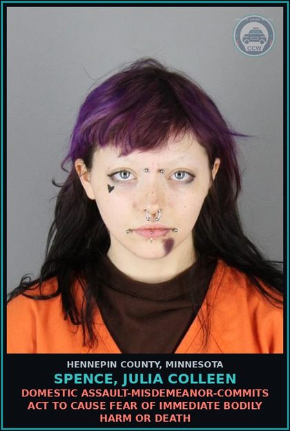 CCW arrest card for SPENCE, JULIA COLLEEN in Hennepin County: DOMESTIC ASSAULT-MISDEMEANOR-COMMITS ACT TO CAUSE FEAR OF IMMEDIATE BODILY HARM OR DEATH