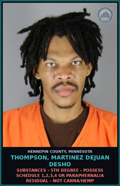 CCW arrest card for THOMPSON, MARTINEZ DEJUAN DESHO in Hennepin County: DRUGS - 5TH DEGREE - POSSESS SCHEDULE 1,2,3,4 OR PARAPHERNALIA RESIDUAL - NOT Canna/HEMP