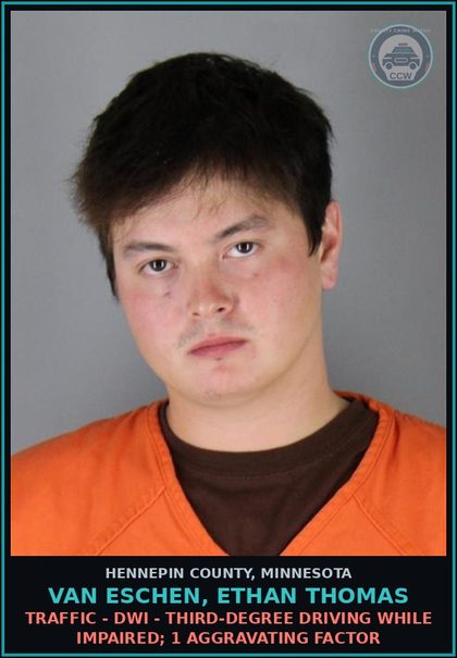 CCW arrest card for VAN ESCHEN, ETHAN THOMAS in Hennepin County: TRAFFIC - DWI - THIRD-DEGREE DRIVING WHILE IMPAIRED; 1 AGGRAVATING FACTOR