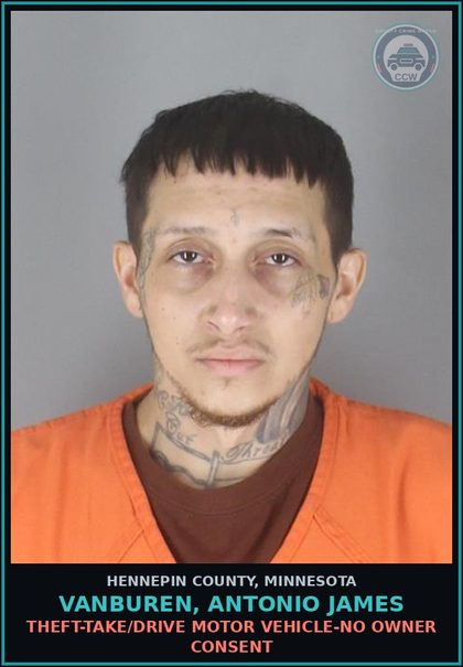 CCW arrest card for VANBUREN, ANTONIO JAMES in Hennepin County: THEFT-TAKE/DRIVE MOTOR VEHICLE-NO OWNER CONSENT