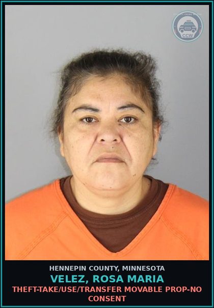 CCW arrest card for VELEZ, ROSA MARIA in Hennepin County: THEFT-TAKE/USE/TRANSFER MOVABLE PROP-NO CONSENT