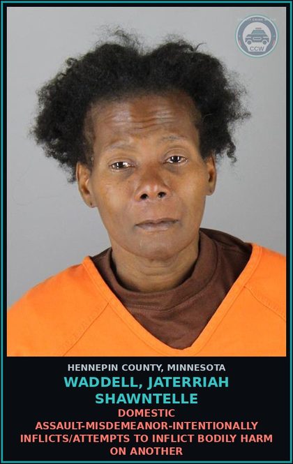 CCW arrest card for WADDELL, JATERRIAH SHAWNTELLE in Hennepin County: DOMESTIC ASSAULT-MISDEMEANOR-INTENTIONALLY INFLICTS/ATTEMPTS TO INFLICT BODILY HARM ON ANOTHER