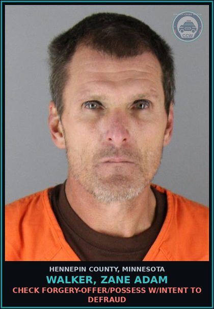 CCW arrest card for WALKER, ZANE ADAM in Hennepin County: CHECK FORGERY-OFFER/POSSESS W/INTENT TO DEFRAUD