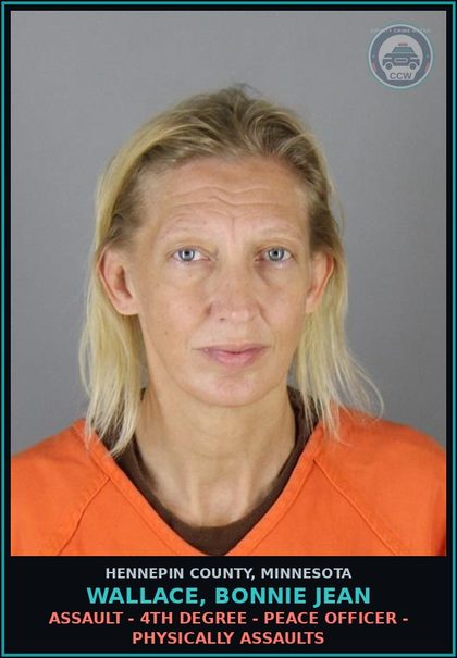 CCW arrest card for WALLACE, BONNIE JEAN in Hennepin County: ASSAULT - 4TH DEGREE - PEACE OFFICER - PHYSICALLY ASSAULTS