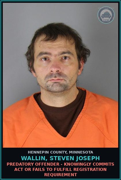 CCW arrest card for WALLIN, STEVEN JOSEPH in Hennepin County: PREDATORY OFFENDER - KNOWINGLY COMMITS ACT OR FAILS TO FULFILL REGISTRATION REQUIREMENT
