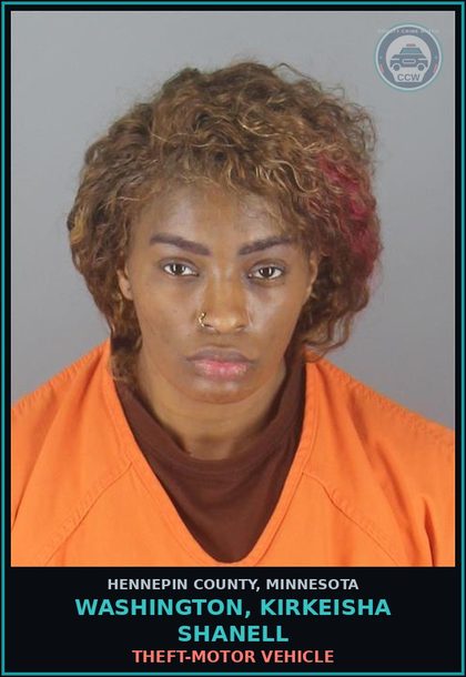 CCW arrest card for WASHINGTON, KIRKEISHA SHANELL in Hennepin County: THEFT-MOTOR VEHICLE