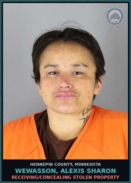 CCW arrest card for WEWASSON, ALEXIS SHARON in Hennepin County: RECEIVING/CONCEALING STOLEN PROPERTY