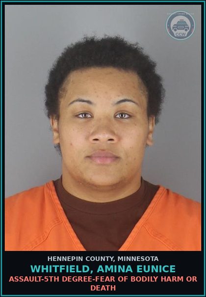 CCW arrest card for WHITFIELD, AMINA EUNICE in Hennepin County: ASSAULT-5TH DEGREE-FEAR OF BODILY HARM OR DEATH