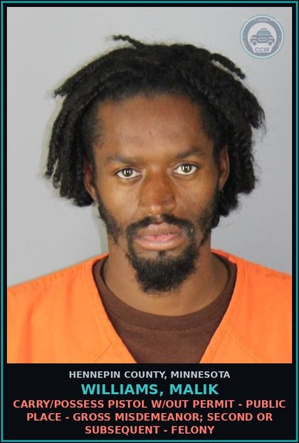 CCW arrest card for WILLIAMS, MALIK in Hennepin County: contr substance/NARCOTICS
