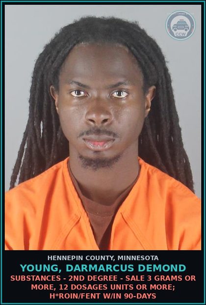 CCW arrest card for YOUNG, DARMARCUS DEMOND in Hennepin County: DRUGS - 2ND DEGREE - SALE 3 GRAMS OR MORE, 12 DOSAGES UNITS OR MORE; HEROIN/Fent W/IN 90-DAYS