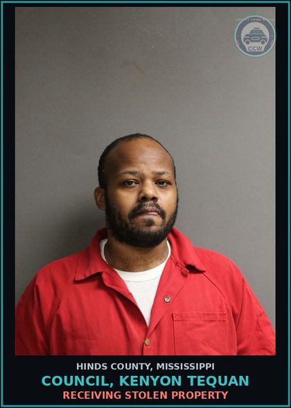 CCW arrest card for Council, Kenyon Tequan in Hinds County, Mississippi: Receiving Stolen Property
