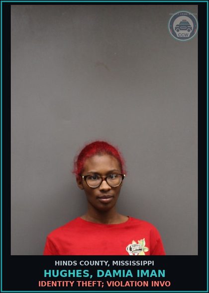 CCW arrest card for Hughes, Damia Iman in Hinds County: Receiving Stolen Property