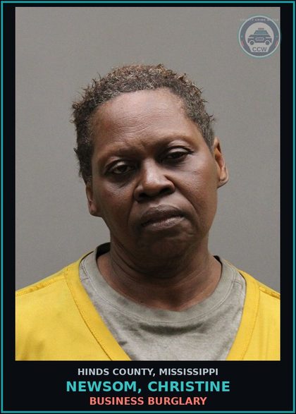 CCW arrest card for Newsom, Christine in Hinds County: BUSINESS BURGLARY
