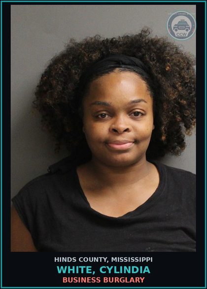 CCW arrest card for White, Cylindia in Hinds County: BUSINESS BURGLARY