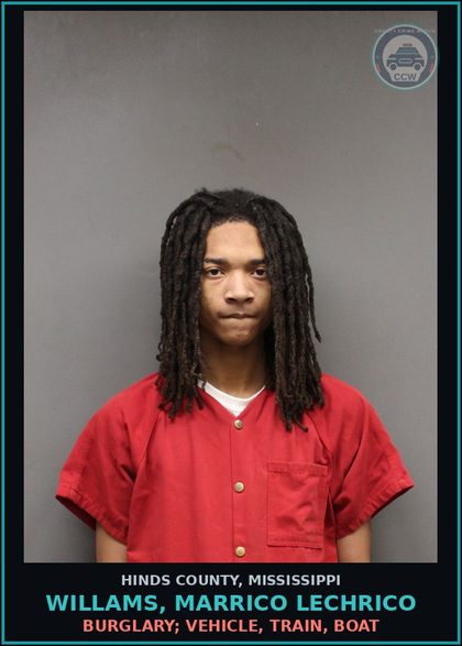CCW arrest card for Willams, Marrico Lechrico in Hinds County: Burglary; Vehicle, Train, Boat