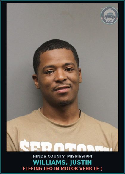CCW arrest card for Williams, Justin in Hinds County: FLEEING LEO IN MOTOR VEHICLE (