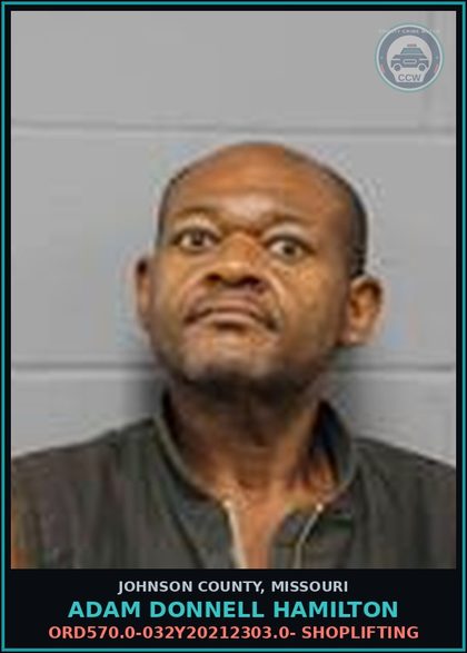 CCW arrest card for Adam Donnell Hamilton in Johnson County: ORD570.0-032Y20212303.0- SHOPLIFTING