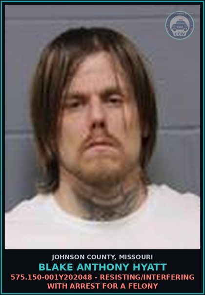 CCW arrest card for Blake Anthony Hyatt in Johnson County: ORD577.0-001Y20215401.0 LEAVING THE SCENE OF A MOTOR VEHICLE ACCIDENT