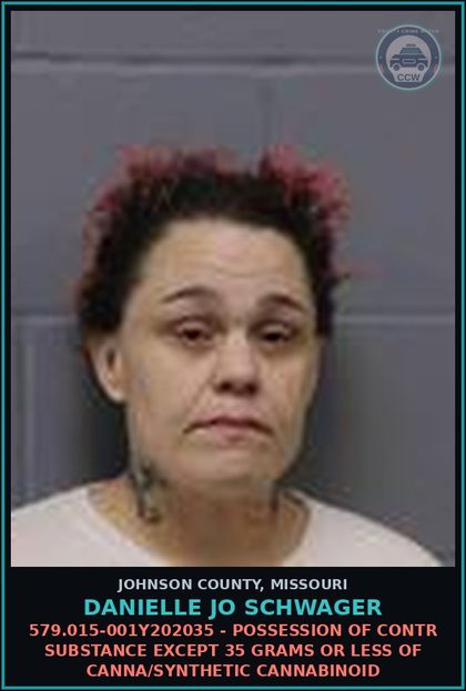 CCW arrest card for Danielle Jo Schwager in Johnson County: 579.015-001Y202035 - POSSESSION OF contr substance EXCEPT 35 GRAMS OR LESS OF Canna/SYNTHETIC CANNABINOID