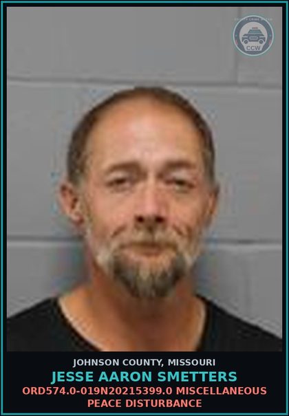 CCW arrest card for Jesse Aaron Smetters in Johnson County: ORD574.0-019N20215399.0 Miscellaneous Peace Disturbance