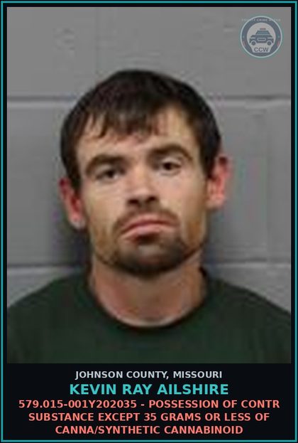 CCW arrest card for Kevin Ray Ailshire in Johnson County: 579.015-001Y202035 - POSSESSION OF contr substance EXCEPT 35 GRAMS OR LESS OF Canna/SYNTHETIC CANNABINOID