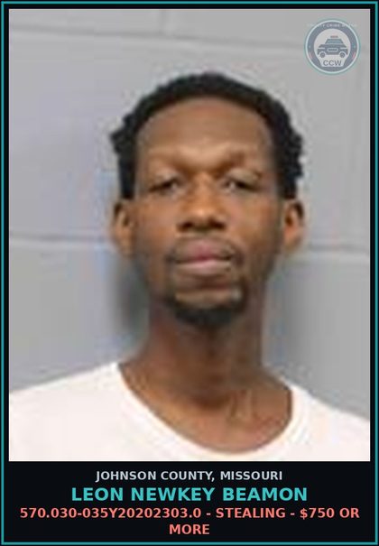 CCW arrest card for Leon Newkey Beamon in Johnson County: 570.030-035Y20202303.0 - STEALING - $750 OR MORE