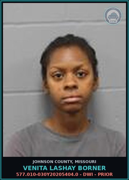 CCW arrest card for Venita Lashay Borner in Johnson County: 577.010-030Y20205404.0 - Dwi - Prior