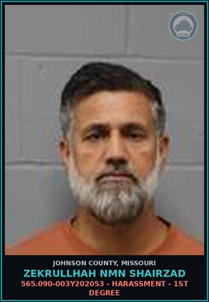 CCW arrest card for Zekrullhah Nmn Shairzad in Johnson County: 565.090-003Y202053 - HARASSMENT - 1ST DEGREE