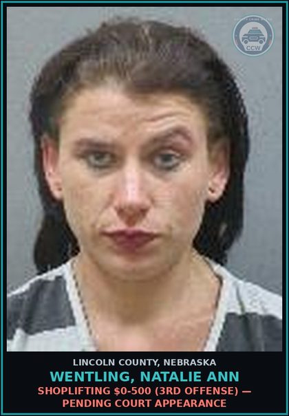 CCW arrest card for Wentling, Natalie Ann in Lincoln County: SHOPLIFTING $0-500 (3RD OFFENSE) — Pending Court Appearance