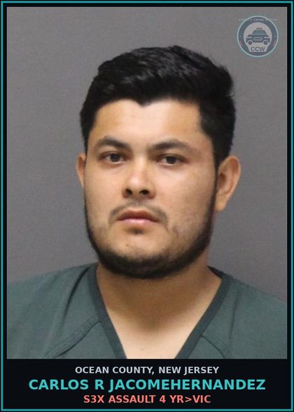 CCW arrest card for CARLOS R JACOMEHERNANDEZ in Ocean County: s3x ASSAULT 4 YR>VICTIM