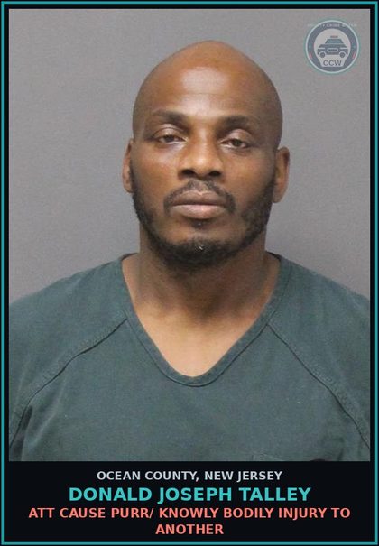 CCW arrest card for DONALD JOSEPH TALLEY in Ocean County: ATT CAUSE PURR/ KNOWLY BODILY INJURY TO ANOTHER