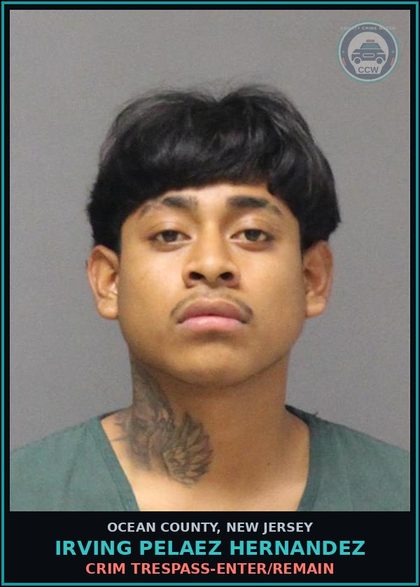 CCW arrest card for IRVING PELAEZ HERNANDEZ in Ocean County: CRIM TRESPASS-ENTER/REMAIN