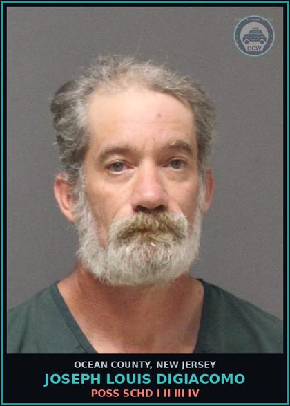 CCW arrest card for JOSEPH LOUIS DIGIACOMO in Ocean County: LOITERING PURPOSE USE? POSSESS OR SELL DRUGS