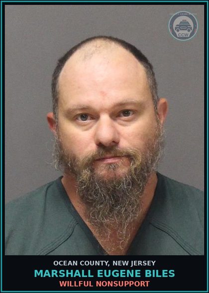CCW arrest card for MARSHALL EUGENE BILES in Ocean County: WILLFUL NONSUPPORT