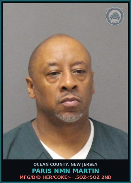 CCW arrest card for PARIS NMN MARTIN in Ocean County: MFG/D/D HER/COKE>=.5OZ<5OZ 2ND