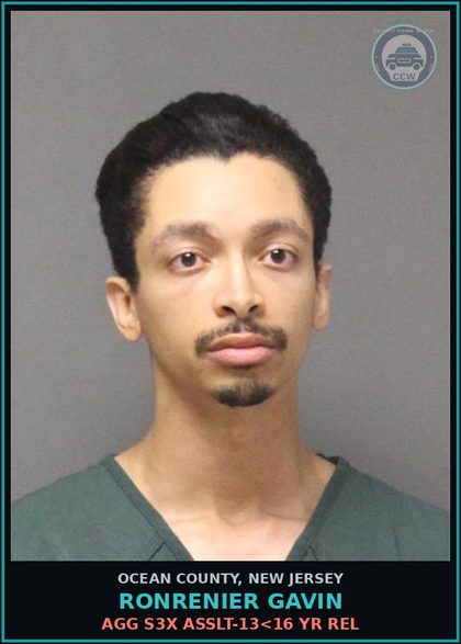 CCW arrest card for RONRENIER GAVIN in Ocean County: AGG s3x ASSLT-13<16 YR REL