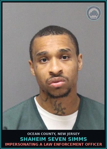 CCW arrest card for SHAHEIM SEVEN SIMMS in Ocean County: IMPERSONATING A LAW ENFORCEMENT OFFICER