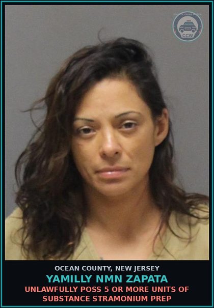 CCW arrest card for YAMILLY NMN ZAPATA in Ocean County: UNLAWFULLY POSS 5 OR MORE UNITS OF DRUG STRAMONIUM PREP